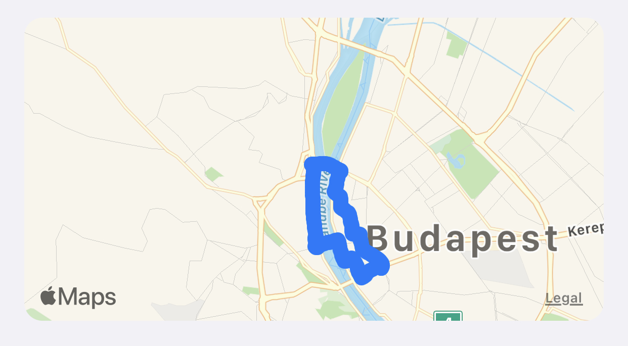 Map of Budapest with a route map of a workout overlaid