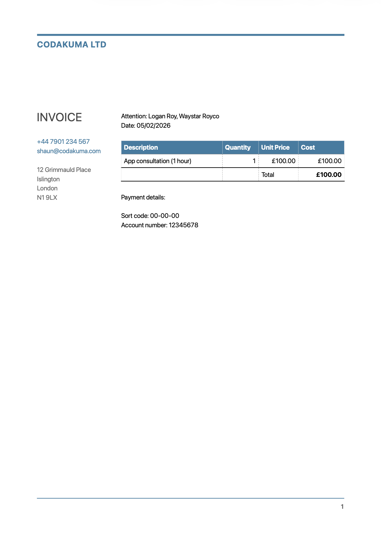 Sample invoice made using Pages