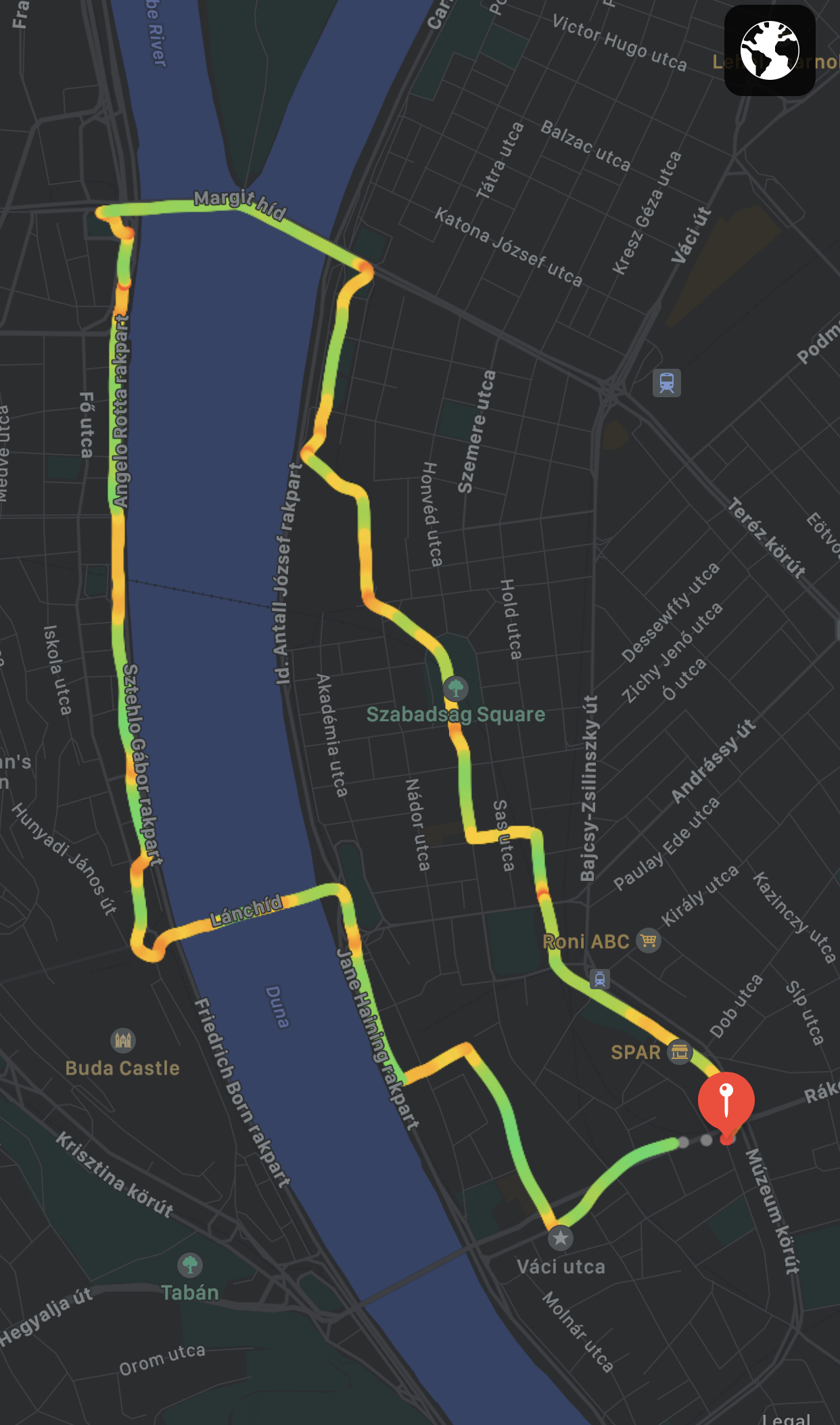Map of Budapest from Apple's Fitness app displaying a workout route